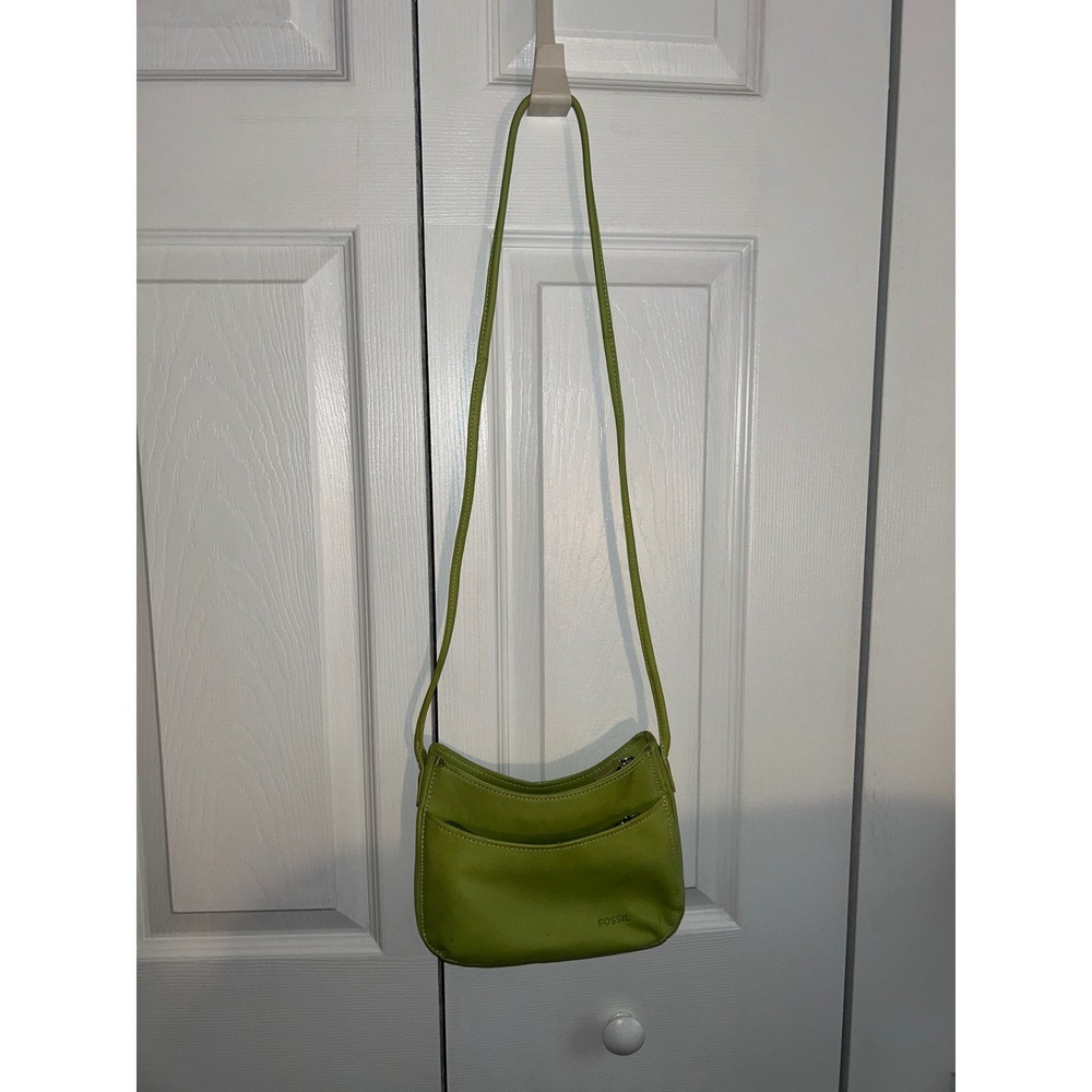 Fossil Lime Green Leather Crossbody Bag Small Zip Top Purse White Stitching